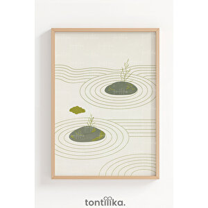 Zen Bahçe Minimal Dekoratif Ahşap Çerçeveli Tablo – Japandi Modern Duvar Dekoru 50x70 cm