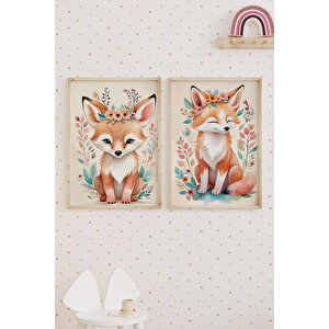 Çiçekli Tilki 2’li Çocuk Odası Ahşap Çerçeveli Tablo Seti - Tatlı Dekor 21x30 cm