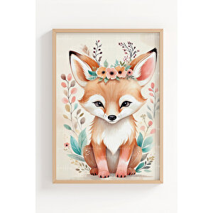 Çiçekli Tilki 2’li Çocuk Odası Ahşap Çerçeveli Tablo Seti - Tatlı Dekor 21x30 cm