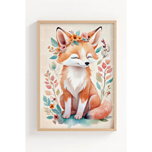 Çiçekli Tilki 2’li Çocuk Odası Ahşap Çerçeveli Tablo Seti - Tatlı Dekor 21x30 cm