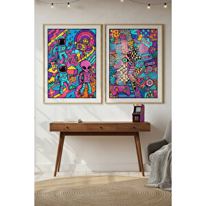 Retro Uzay 2’li Ahşap Çerçeveli Tablo Seti - Renkli Pop Art Dekoru 21x30 cm