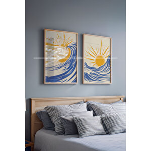 Dalga Ve Güneş 2'li Ahşap Çerçeveli Tablo Seti-2 21x30 cm
