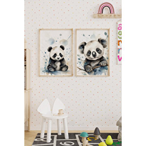 Panda Ve Koala 2’li Çocuk Odası Ahşap Çerçeveli Tablo Seti - Tatlı Dekor 21x30 cm