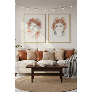 Çiçekli Kadın Silüeti 2’li Ahşap Çerçeveli Tablo Seti - Minimalist Çizim Dekoru 21x30 cm