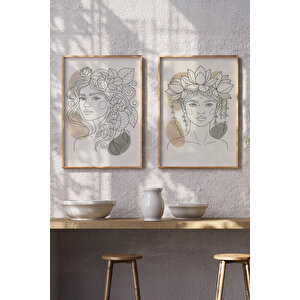 Çiçek Taçlı Kadın 2’li Ahşap Çerçeveli Tablo Seti - İllüstrasyon Ve Minimal Dekor 50x70 cm