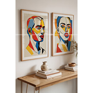 Soyut Portre Tasarımlı 2'li Ahşap Çerçeveli Tablo Seti 50x70 cm