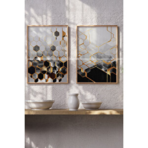 Altın Geometrik 2'li Ahşap Çerçeveli Tablo Seti 50x70 cm