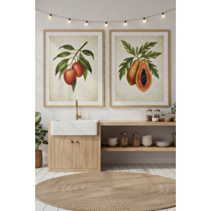 Tropikal Meyveler 2’li Ahşap Çerçeveli Tablo Seti - Bitki Ve Çiçek Dekoru 21x30 cm