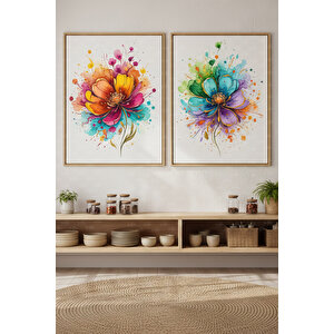 Renkli Çiçekler 2’li Ahşap Çerçeveli Tablo Seti - Soyut Bitki Ve Çiçek Dekoru 30x42 cm