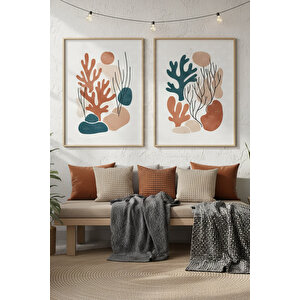 Organik Formlar 2’li Ahşap Çerçeveli Tablo Seti - Minimalist Modern Dekor 30x42 cm