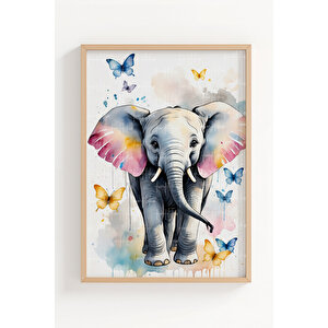 Fil Ve Zürafa 2’li Çocuk Odası Ahşap Çerçeveli Tablo Seti - Renkli Dekor 30x42 cm