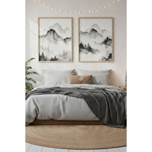 Sisli Dağlar 2’li Ahşap Çerçeveli Tablo Seti - Minimalist Doğa Dekoru 21x30 cm