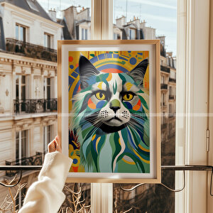 Renkli Kedi Portresi Tasarımlı 2'li Ahşap Çerçeveli Tablo-seti 21x30 21x30 cm