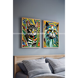 Renkli Kedi Portresi Tasarımlı 2'li Ahşap Çerçeveli Tablo Seti-30x42 30x42 cm