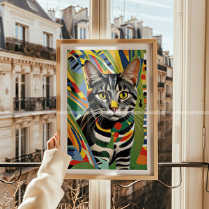 Renkli Kedi Portresi Tasarımlı 2'li Ahşap Çerçeveli Tablo Seti-30x42 30x42 cm