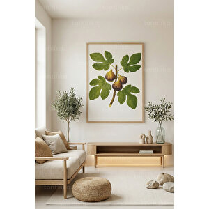 İncir Dalı Botanik Minimal Dekoratif Ahşap Çerçeveli Tablo – Japandi Modern Duvar Dekoru 50x70 cm