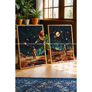 Uzay Temalı Astronot 2'li Ahşap Çerçeveli Tablo Seti 50x70 cm