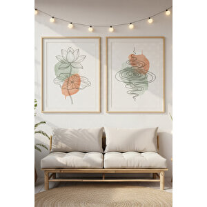 Lotus Ve Dalgalar 2’li Ahşap Çerçeveli Tablo Seti - Minimalist Doğa Dekoru 50x70 cm