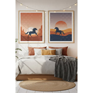 Bozkır Gün Batımı 2’li Ahşap Çerçeveli Tablo Seti - Doğa Ve Minimalist Dekor 21x30 cm