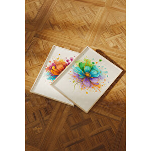 Renkli Çiçekler 2’li Ahşap Çerçeveli Tablo Seti - Soyut Bitki Ve Çiçek Dekoru