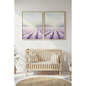 Lavanta Tarlası 2’li Ahşap Çerçeveli Tablo Seti - Doğa Temalı Duvar Dekoru 50x70 cm
