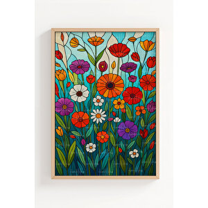 Vitray Çiçekler 2’li Ahşap Çerçeveli Tablo Seti - Bitki Ve Çiçek Temalı Renkli Dekor 50x70 cm