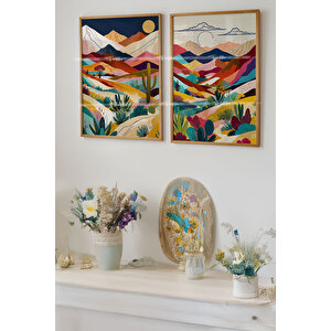 Renkli Dağ Manzarası 2'li Ahşap Çerçeveli Tablo Seti-2 21x30 cm