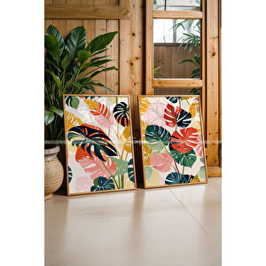 Tropikal Yapraklar 2'li Ahşap Çerçeveli Tablo Seti-2 21x30 cm