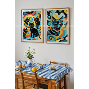 Sanatsal Kedi Temalı 2'li Ahşap Çerçeveli Tablo Seti-30x42 30x42 cm