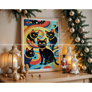 Sanatsal Kedi Temalı 2'li Ahşap Çerçeveli Tablo Seti-30x42 30x42 cm