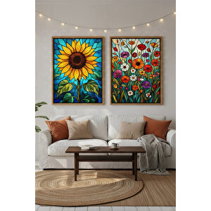 Vitray Çiçekler 2’li Ahşap Çerçeveli Tablo Seti - Bitki Ve Çiçek Temalı Renkli Dekor 21x30 cm