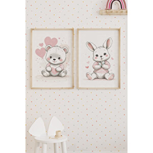 Ayıcık Ve Tavşan 2’li Çocuk Odası Ahşap Çerçeveli Tablo Seti - Tatlı Dekor 30x42 cm