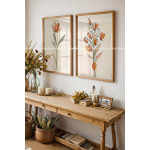 Zarif Çiçek Çizimli 2'li Ahşap Çerçeveli Tablo Seti-1 21x30 cm