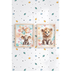 Fil Ve Aslan 2’li Çocuk Odası Ahşap Çerçeveli Tablo Seti - Tatlı Dekor 21x30 cm