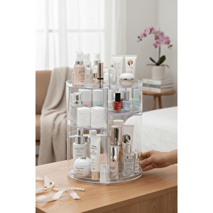 360 Derece Dönen Makyaj Takı Rafı Organizer – Şeffaf Kozmetik Düzenleyici Mit1293