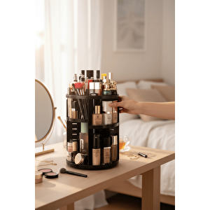 360 Derece Dönen Makyaj Takı Rafı Organizer – Siyah Kozmetik Düzenleyici Mit1295