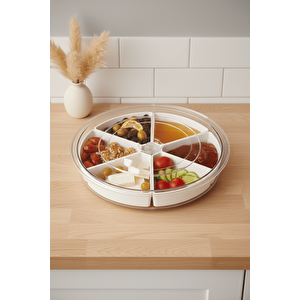 360 Derece Döner Kapaklı 6 Bölmeli Beyaz Kahvaltı Sunum Saklama Tabağı Kabı Mit1289