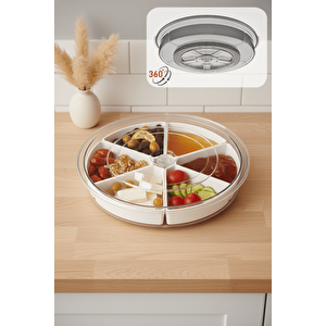 360 Derece Döner Kapaklı 6 Bölmeli Beyaz Kahvaltı Sunum Saklama Tabağı Kabı Mit1289