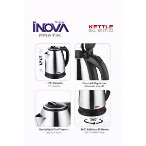 Inova Pratik 1.7 L Paslanmaz Çelik Kettle – 1800w Güvenli Kullanım Çelik