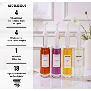 4lü Set 250ml Pompalı Cam Şurup Şişesi- Kahve & Kokteyl İçin, 18 Çeşit Beyaz Etiket + Silikon Huni Hediyeli