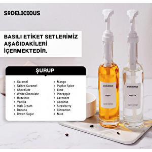 4lü Set 250ml Pompalı Cam Şurup Şişesi- Kahve & Kokteyl İçin, 18 Çeşit Beyaz Etiket + Silikon Huni Hediyeli