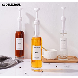 4lü Set 250ml Pompalı Cam Şurup Şişesi- Kahve & Kokteyl İçin, 18 Çeşit Beyaz Etiket + Silikon Huni Hediyeli