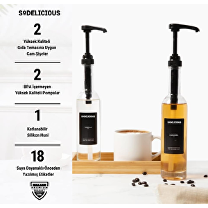 2’li Set 330ml Pompalı Cam Şurup Şişesi- Kahve & Kokteyl İçin, 18 Çeşit Siyah Etiket + Silikon Huni Hediyeli