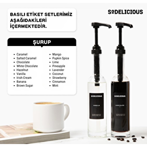 2’li Set 330ml Pompalı Cam Şurup Şişesi- Kahve & Kokteyl İçin, 18 Çeşit Siyah Etiket + Silikon Huni Hediyeli