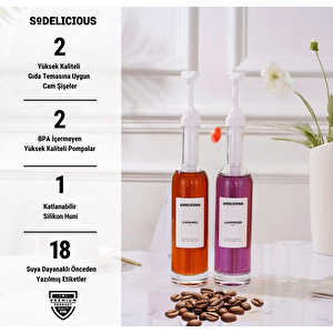 2’li Set | 250ml Pompalı Cam Şurup Şişesi- Kahve & Kokteyl İçin, 18 Çeşit Beyaz Etiket + Silikon Huni Hediyeli