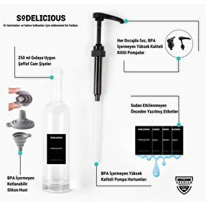2’li Set | 250ml Pompalı Cam Şurup Şişesi- Kahve & Kokteyl İçin, 18 Çeşit Beyaz Etiket + Silikon Huni Hediyeli