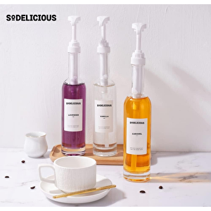 2’li Set | 250ml Pompalı Cam Şurup Şişesi- Kahve & Kokteyl İçin, 18 Çeşit Beyaz Etiket + Silikon Huni Hediyeli