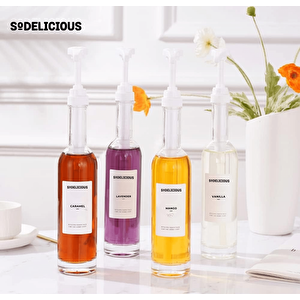 2’li Set | 250ml Pompalı Cam Şurup Şişesi- Kahve & Kokteyl İçin, 18 Çeşit Beyaz Etiket + Silikon Huni Hediyeli