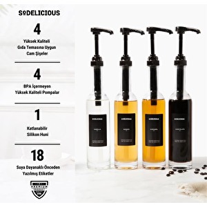 4\'lü Set | 250ml Pompalı Cam Şurup Şişesi- Kahve & Kokteyl İçin, 18 Çeşit Siyah Etiket + Silikon Huni Hediyeli