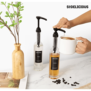 4\'lü Set | 250ml Pompalı Cam Şurup Şişesi- Kahve & Kokteyl İçin, 18 Çeşit Siyah Etiket + Silikon Huni Hediyeli